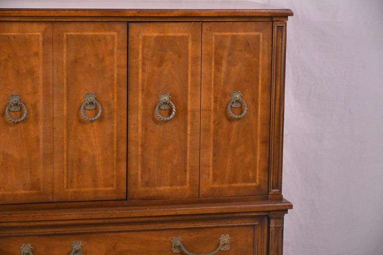Henredon inlaid walnut chest on chest with fitted interior; 68-6865A