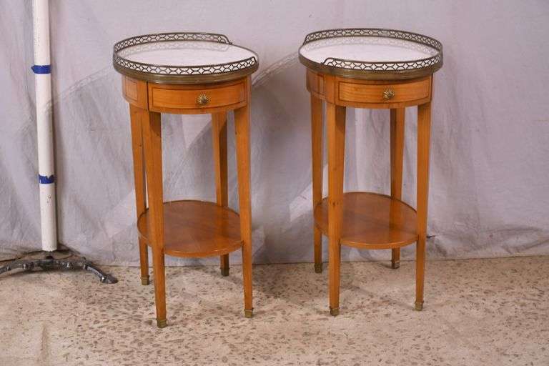 Pair of oval inlaid two-tier single drawer marble top side tables; 68-6885
