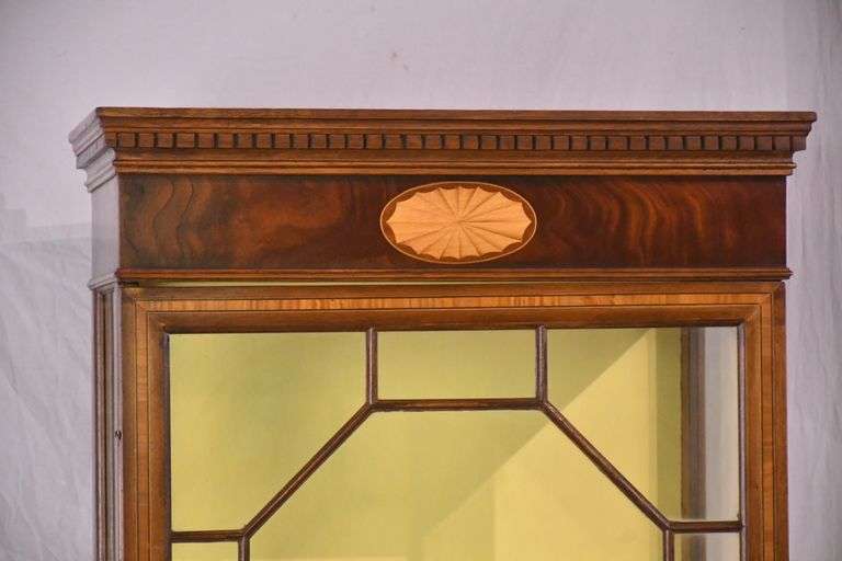 Tall narrow inlaid mahogany curio cabinet; 68-6863
