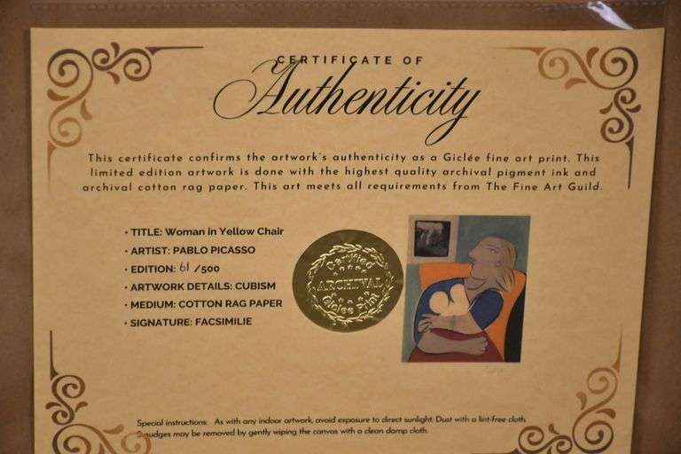 Limited edition framed giclee print "Woman in a Yellow Chair" by Pablo Picasso; 975-1776