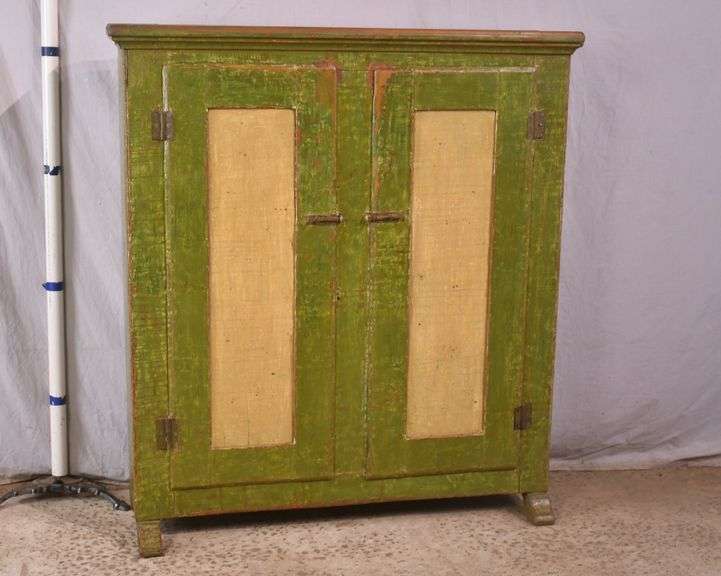 Early green and yellow distressed painted 2 door cupboard; 74-12760