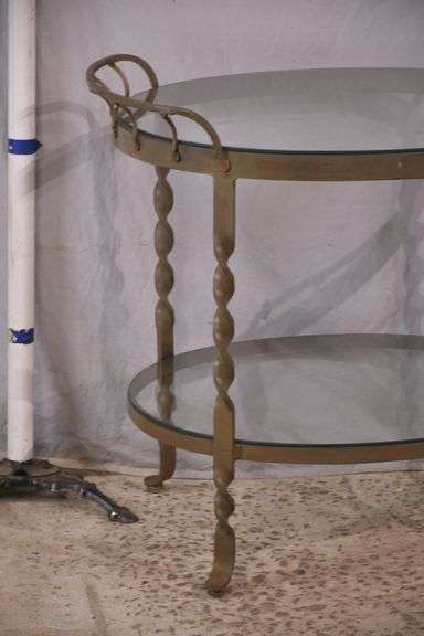 Oval two-tier iron server with glass top and shelf; 74-12789