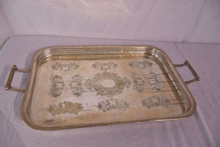 Large silverplate serving tray with reticulated gallery; 4171-022