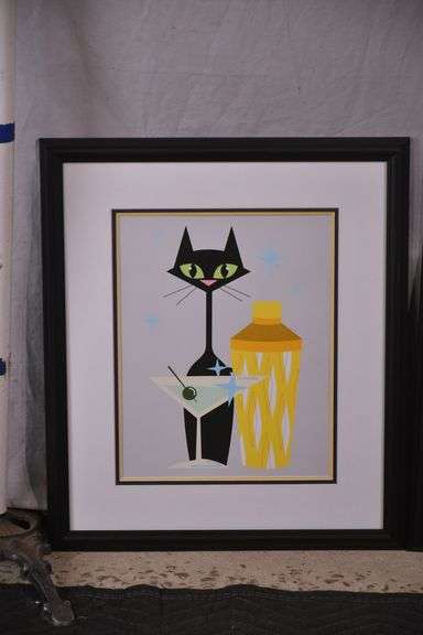 Two framed mid-century style atomic cat prints; 975-1809