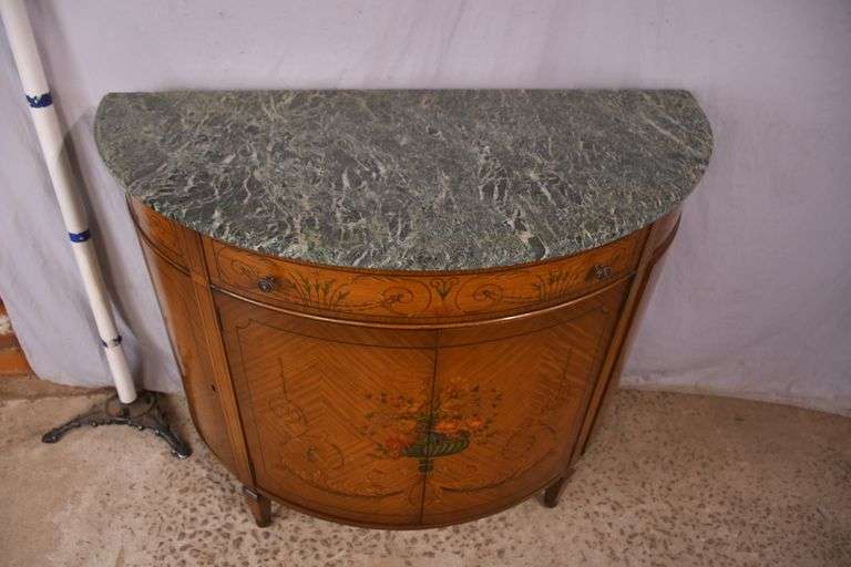 Butler Furniture decorated satinwood demilune server with marble top; 68-6581