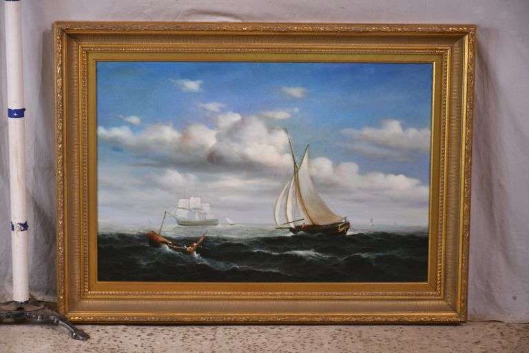 Large framed painting on canvas of sailboats and ships at sea; 68-6654