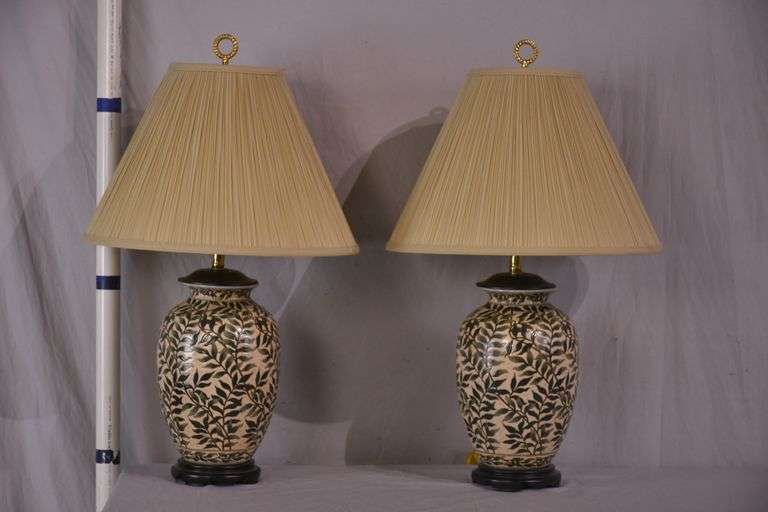 Pair of ceramic leaf-design lamps with shades; 68-6808