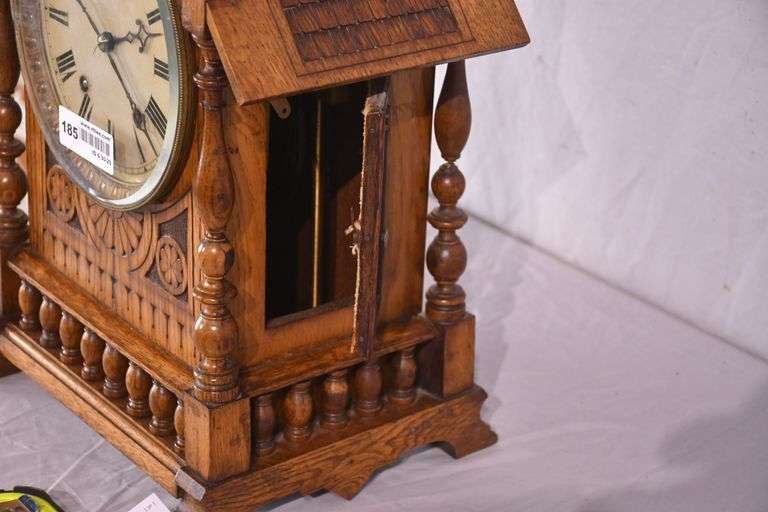 Winterhalder & Hofmeier Victorian era clock with carved oak case; 1086-017