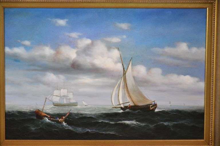 Large framed painting on canvas of sailboats and ships at sea; 68-6654