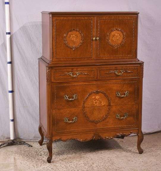 Inlaid walnut French style chest on chest with fitted interior; 68-6878A