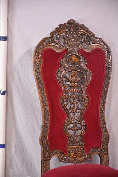 Carved oak high back accent chair with ornate stretcher base; 74-12804