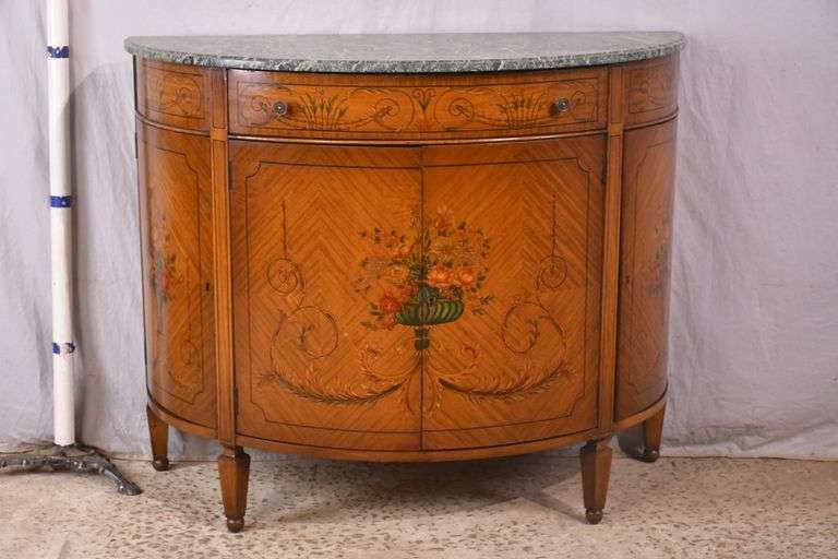 Butler Furniture decorated satinwood demilune server with marble top; 68-6581