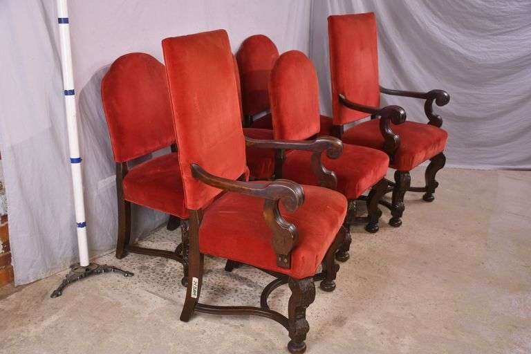 Set of 6 carved walnut dining chairs with red fabric; 74-12809E