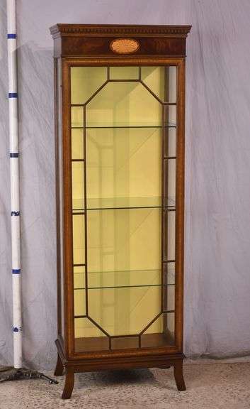 Tall narrow inlaid mahogany curio cabinet; 68-6863