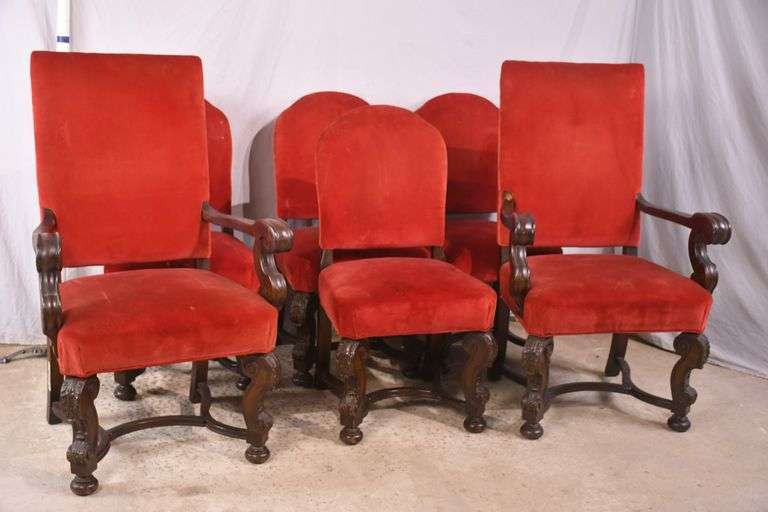Set of 6 carved walnut dining chairs with red fabric; 74-12809E