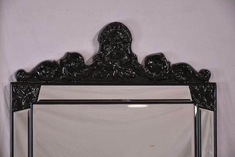 Large beveled mirror with black composite frame and beveled mirror trim; 1044-128