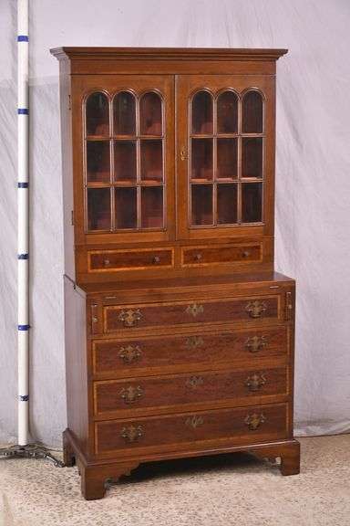 Early inlaid mahogany step-back secretary with flip-over writing board; 68-6992