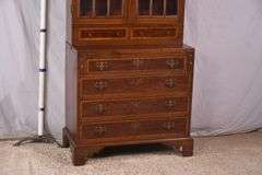 Early inlaid mahogany step-back secretary with flip-over writing board; 68-6992