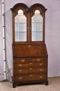 Inlaid burl walnut 2 part double bonnet top slant-front secretary; 68-6853