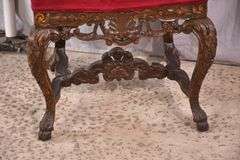 Carved oak high back accent chair with ornate stretcher base; 74-12804