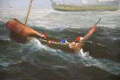 Large framed painting on canvas of sailboats and ships at sea; 68-6654