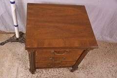 Henredon inlaid walnut 3 drawer bedside chest with brushing slide; 68-6865C