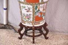 Large Oriental style ceramic floor vase with wooden stand; 68-6947
