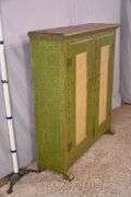 Early green and yellow distressed painted 2 door cupboard; 74-12760