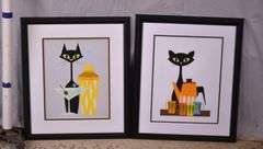 Two framed mid-century style atomic cat prints; 975-1809