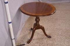 Round mahogany side table with banded top; 68-6846