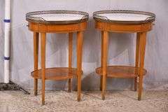 Pair of oval inlaid two-tier single drawer marble top side tables; 68-6885