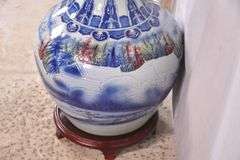 Large Oriental style ceramic floor vase with wooden pedestal; 68-6953