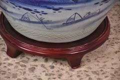 Large Oriental style ceramic floor vase with wooden pedestal; 68-6953