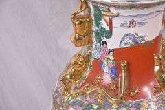 Large Oriental style ceramic floor vase with wooden stand; 68-6947
