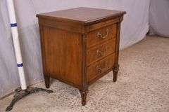 Henredon inlaid walnut 3 drawer bedside chest with brushing slide; 68-6865C