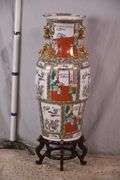 Large Oriental style ceramic floor vase with wooden stand; 68-6947