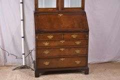 Inlaid burl walnut 2 part double bonnet top slant-front secretary; 68-6853
