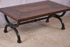 Large trestle base coffee table with slate tile accents on top; 21-2716