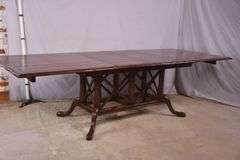 Distressed trestle base dining table with 2 leaves; 68-6842