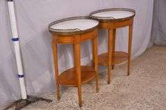 Pair of oval inlaid two-tier single drawer marble top side tables; 68-6885