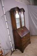 Inlaid burl walnut 2 part double bonnet top slant-front secretary; 68-6853