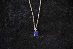 14kt white gold sapphire and diamond drop-pendant with Gorham sterling silver chain; 13227-007