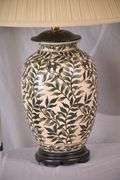 Pair of ceramic leaf-design lamps with shades; 68-6808