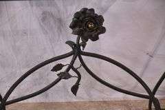 Black and gold iron console table with black marble top; 67-2712