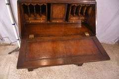 Inlaid burl walnut 2 part double bonnet top slant-front secretary; 68-6853