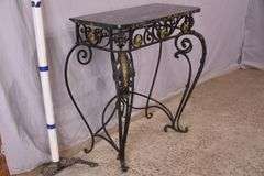 Black and gold iron console table with black marble top; 67-2712