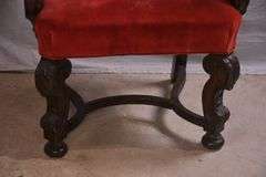 Set of 6 carved walnut dining chairs with red fabric; 74-12809E
