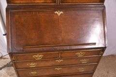 Inlaid burl walnut 2 part double bonnet top slant-front secretary; 68-6853