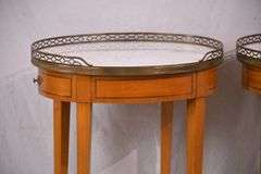 Pair of oval inlaid two-tier single drawer marble top side tables; 68-6885
