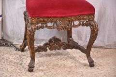 Carved oak high back accent chair with ornate stretcher base; 74-12804